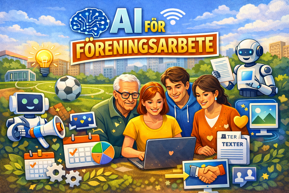 Illustration av människor och robotar som samarbetar med AI för föreningsarbete på en fotbollsplan.