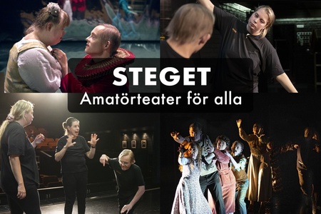 Affisch för amatörteater med personer på scen, texten 'Steget – Amatörteater för alla' och logotyper längst ner.