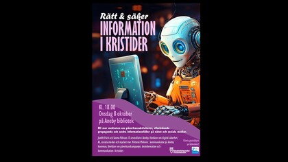 Affisch med en tecknad robot vid en dator, text om informationssäkerhet på Aneby bibliotek.