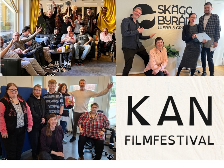 Ett collage med tre bilder på glada grupper av människor och en logotyp för KAN filmfestival.