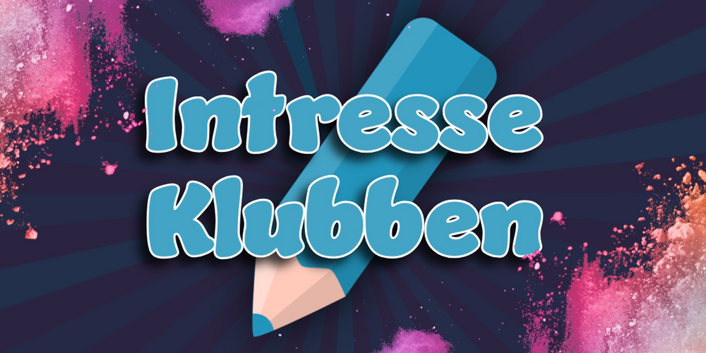 Texten 'Intresse Klubben' med en blå penna och färgglada färgstänk på mörk bakgrund.