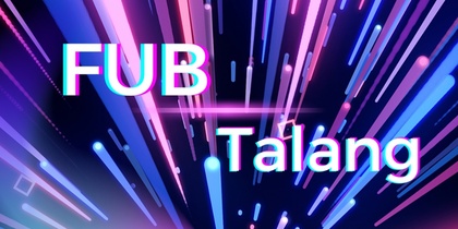 Texten 'FUB Talang' på en bakgrund med färgglada ljusstrålar i blått, rosa och lila mot svart.