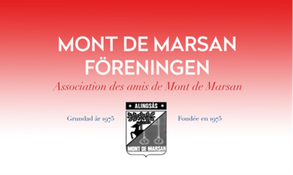 Logotyp och text för Mont de Marsan-föreningen med rödvit bakgrund och svartvitt emblem.