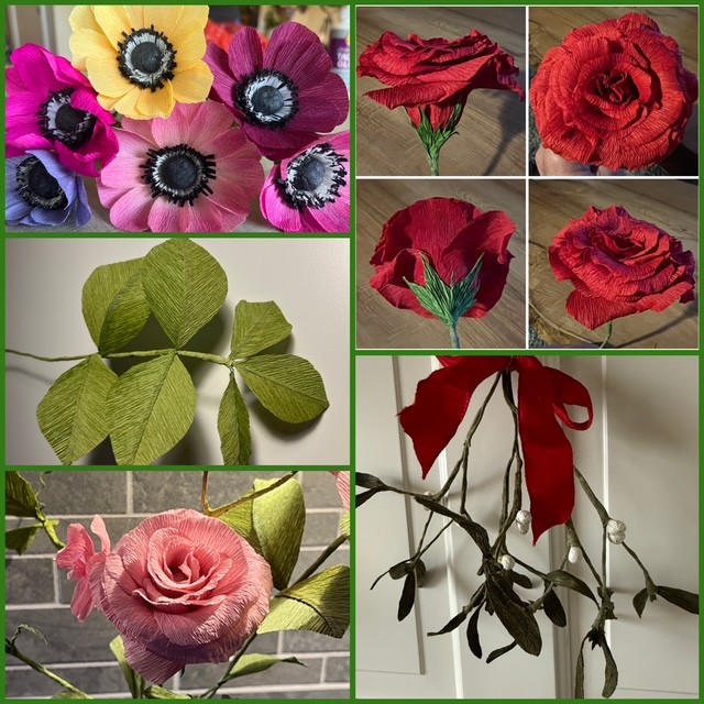 Collage av färgglada pappersblommor och blad, inklusive rosor och anemoner, samt mistel med röd rosett.