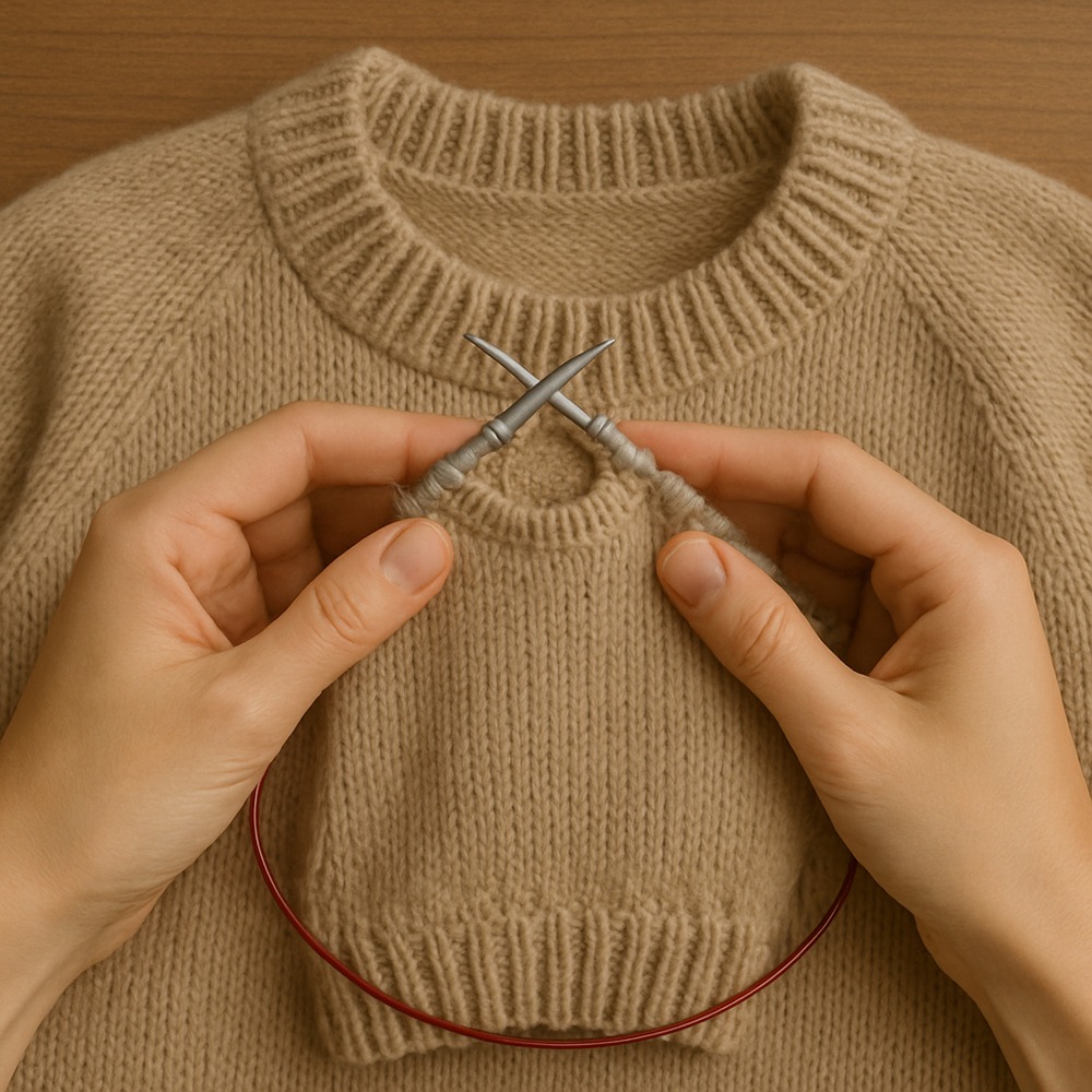 Två händer stickar en liten tröja ovanpå en större, färdigstickad beige tröja.