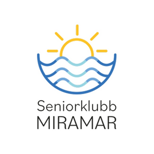Logotyp med en stiliserad sol över vågor och texten 'Seniorklubb MIRAMAR' under bilden.