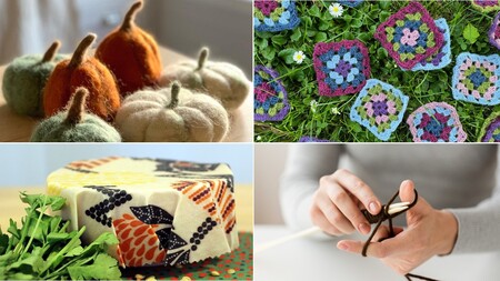 Fyra bilder: tovade pumpor, virkade rutor på gräs, bivaxduk över mat och händer som virkar med garn.