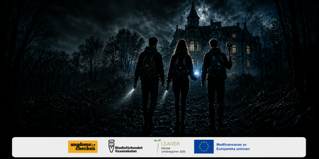 Tre personer med ficklampor går mot ett upplyst slott i en mörk skog under fullmåne.