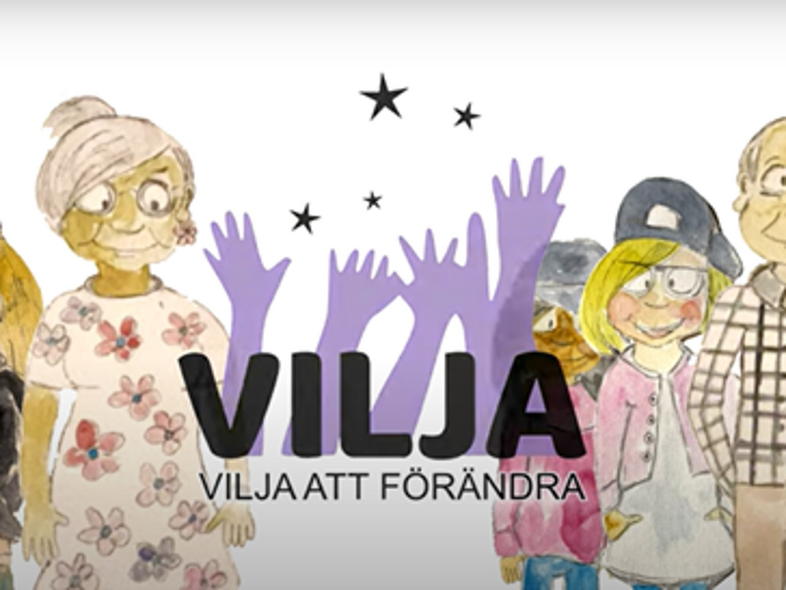 Tecknade människor i olika åldrar står framför texten 'VILJA ATT FÖRÄNDRA' med lila händer och stjärnor i bakgrunden.