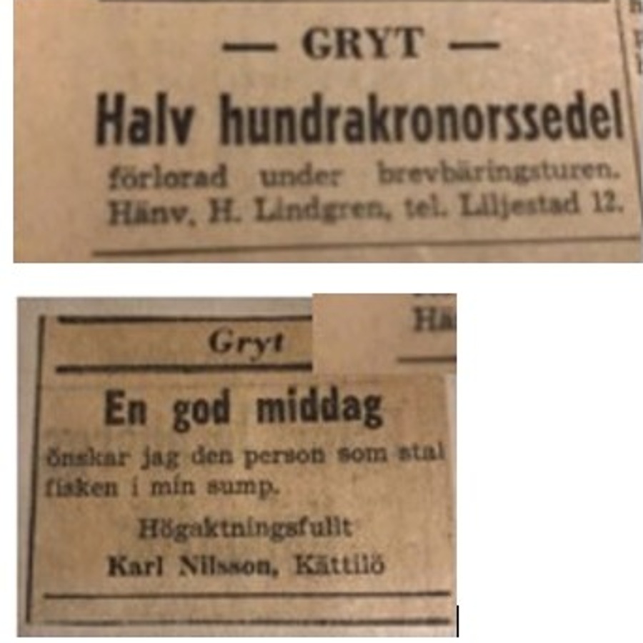 Två gamla tidningsannonser på svenska, en om en förlorad sedel och en om en fisk i sump.