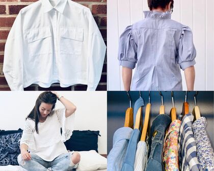 Fyra bilder av skjortor och blusar i olika stilar, inklusive en person med suddat ansikte och kläder på galgar.