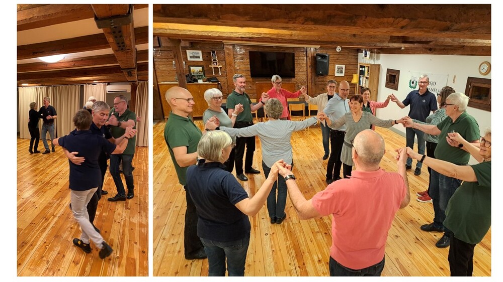 Två bilder på vuxna som dansar folkdans i en träklädd sal, en i par och en i ring.
