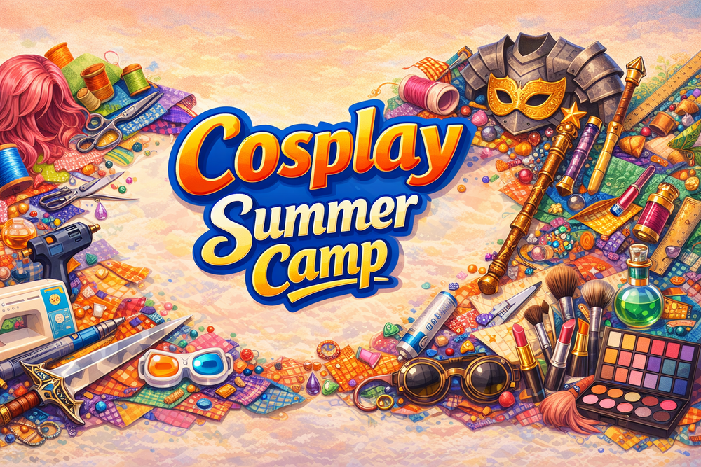 Färgglad illustration med texten 'Cosplay Summer Camp' omgiven av cosplay-tillbehör, tyg, smink och verktyg.
