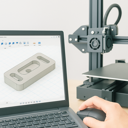 En person använder en bärbar dator för att designa en 3D-modell bredvid en 3D-skrivare.