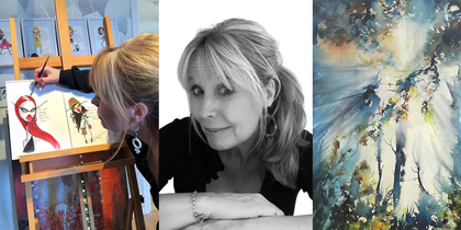 Tre bilder: en kvinna målar vid ett staffli, ett svartvitt porträtt och en akvarellmålning av ett skogslandskap.