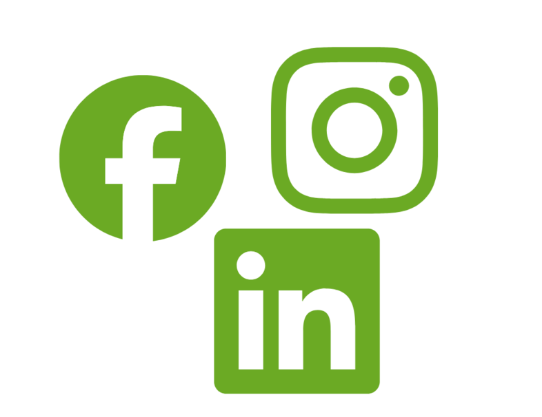 Gröna ikoner för Facebook, Instagram och LinkedIn på vit bakgrund.