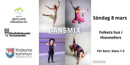 Affisch för dansmix-event för barn i Hissmofors, med dansande personer och logotyper.