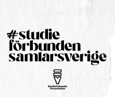 Text på vit bakgrund: #studieförbunden samlarsverige och logotyp för Studieförbundet Vuxenskolan.