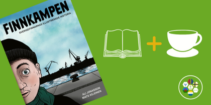 Omslag av boken 'Finnkampen' med illustration av en person vid en hamn, samt ikoner för bok och kaffekopp på grön bakgrund.