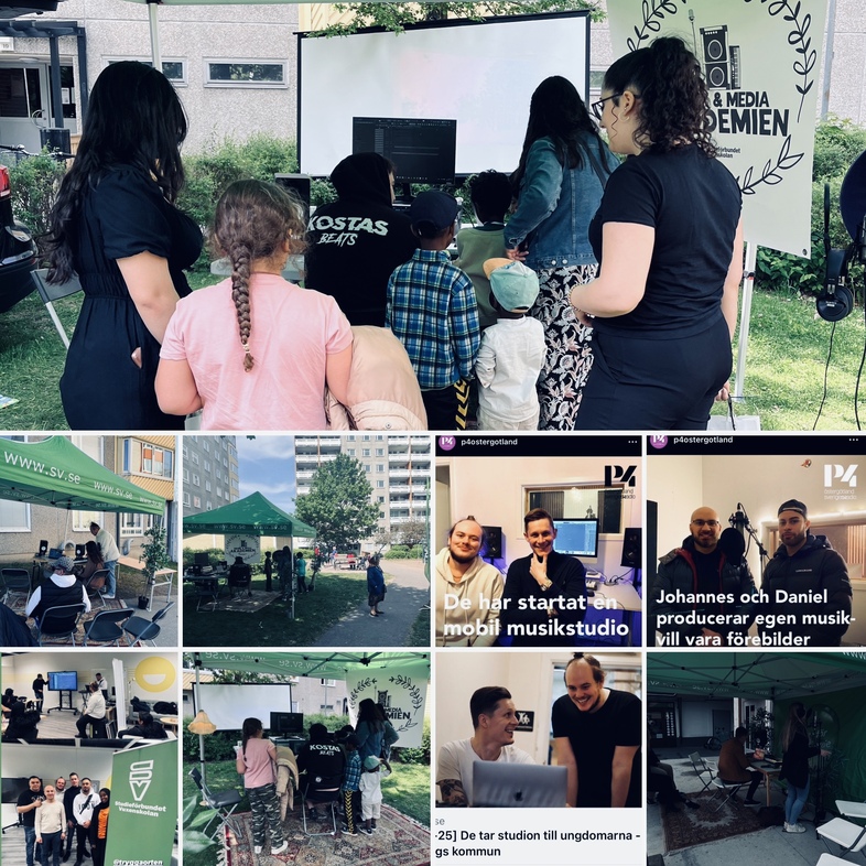 Kollage med bilder från utomhusevent och musikstudio, där barn och vuxna deltar i olika aktiviteter.