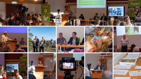 Ett collage från en konferens med föreläsningar, paneldiskussioner, blommor, kameror och utdelning av blommor.