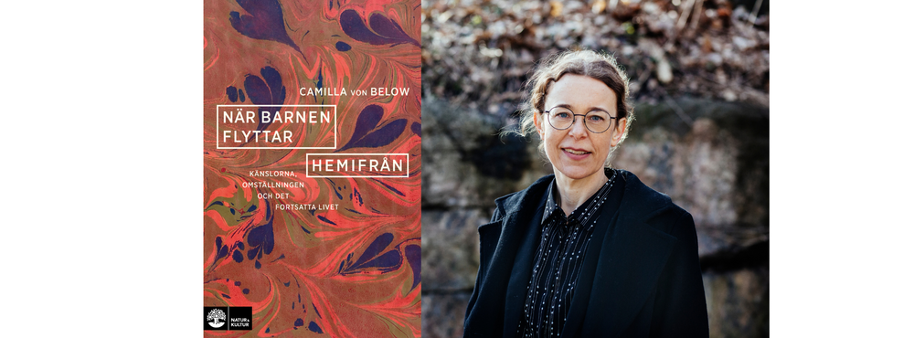 Bokomslag till 'När barnen flyttar hemifrån' av Camilla von Below och Camilla i mörka kläder utomhus.