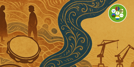 Illustration med två silhuetter, en tamburin, en blå flod, oljepumpar och ett grönt emblem.