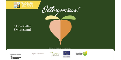 Affisch för odlingsmässa i Östersund 14 mars 2026 med illustration av en rotfrukt och gröna färger.