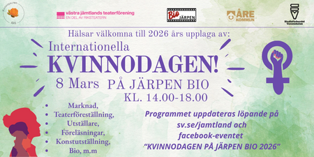 Affisch för Internationella kvinnodagen 2026 på Järpen Bio med information om evenemanget och dess aktiviteter.