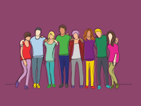 En tecknad illustration av åtta personer som står tillsammans med armarna om varandra mot en lila bakgrund.