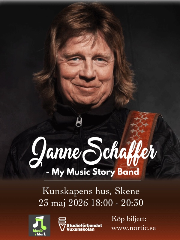 Affisch för konsert med Janne Schaffer - My Music Story Band i Skene, 23 maj 2026.