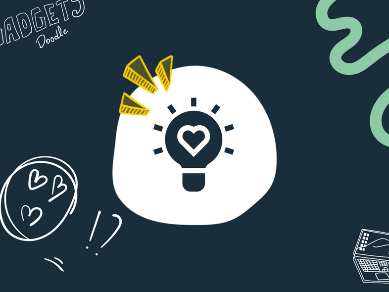 Doodlad illustration med glödlampa och hjärta, texten 'Gadgets Doodle', hjärtan, utropstecken och laptop på mörk bakgrund.