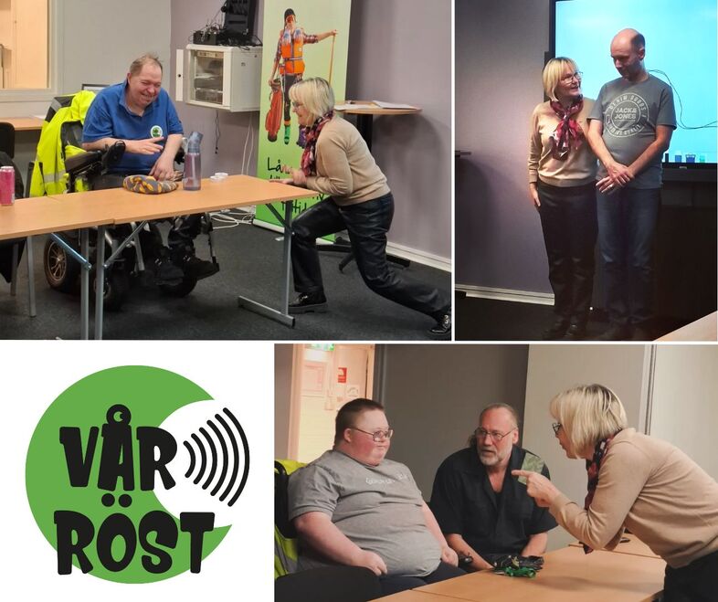 Fyra bilder visar personer i samtal och interaktion, samt en logotyp med texten 'Vår Röst'.