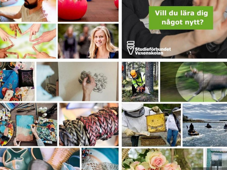 Collage med människor som utövar olika aktiviteter, som hantverk, naturpromenader och målning. Text: Vill du lära dig något nytt?