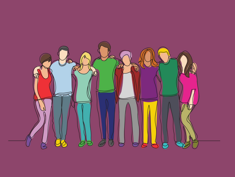 En tecknad illustration av åtta personer som står tillsammans med armarna om varandra mot en lila bakgrund.