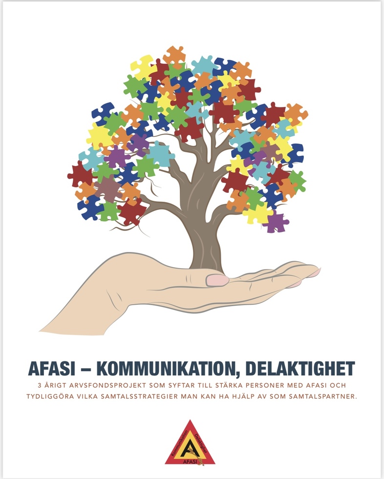En hand håller ett träd med löv av färgglada pusselbitar. Text om afasi, kommunikation och delaktighet under bilden.