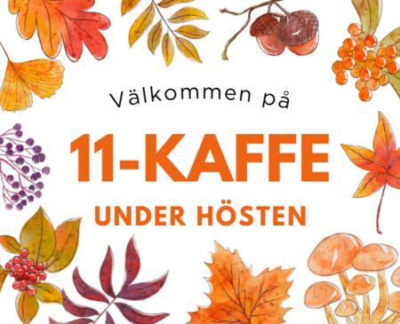 Inbjudan till 11-kaffe under hösten med färgglada höstlöv och bär runt texten.