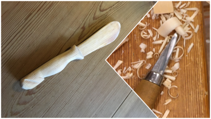 Två bilder: en handgjord träsked och en snidad träbit med snidkniv och träspån på bord.