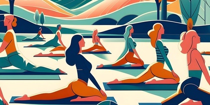 Illustration av människor som gör yoga utomhus i en färgglad naturmiljö med soluppgång och träd.