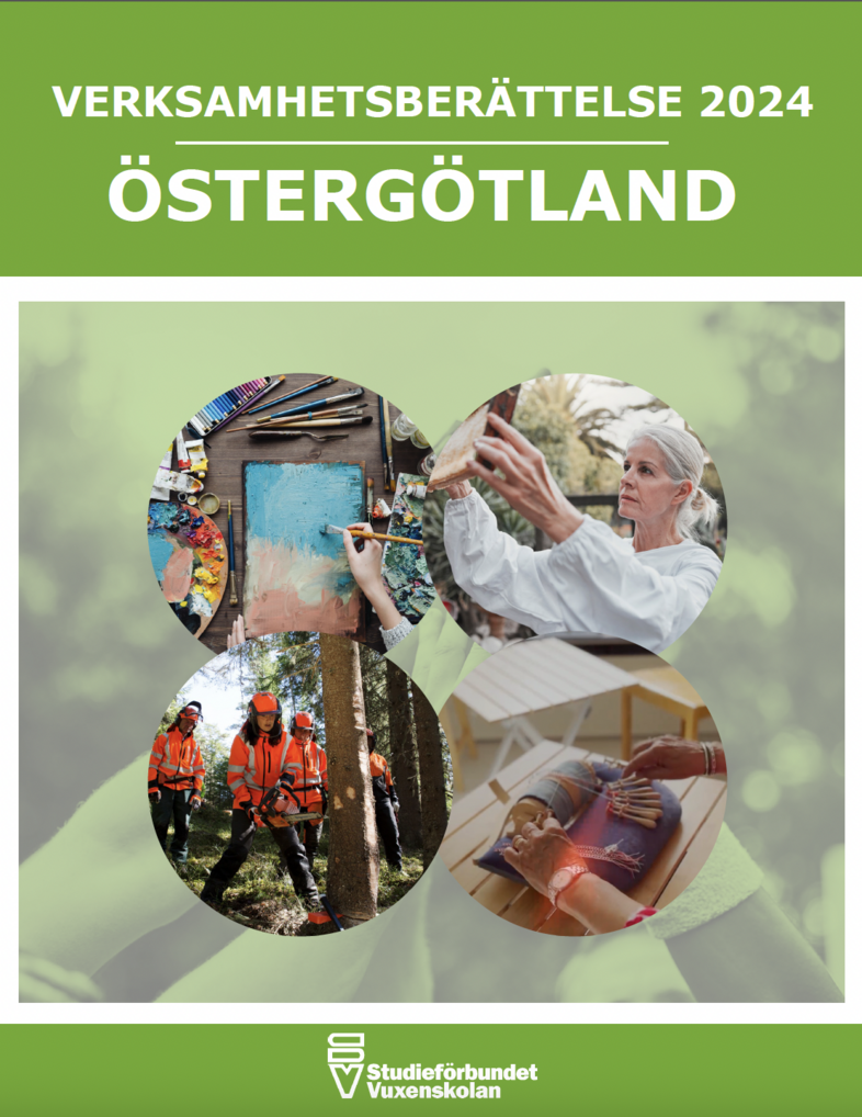 Omslag till verksamhetsberättelse 2024 för Östergötland med bilder på konst, hantverk, skogsarbete och studiecirklar.