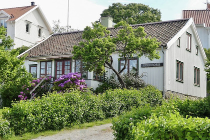 Vit trävilla med blommande buskar och trädgård, sommargrönska och grusgång framför huset.