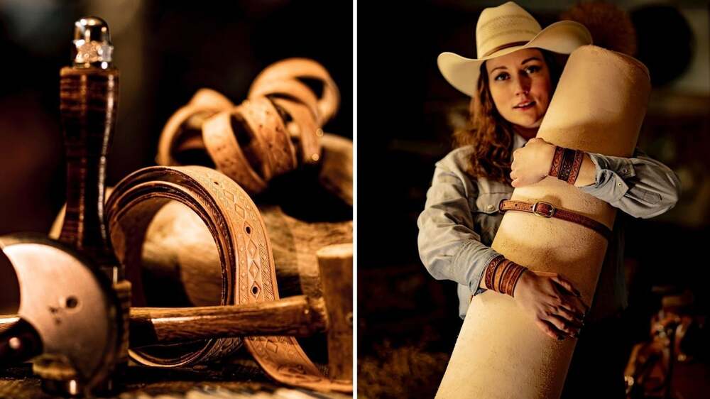 Närbild av verktyg och dekorerade läderremmar samt en person i cowboyhatt som håller ett stort stycke ljust läder.