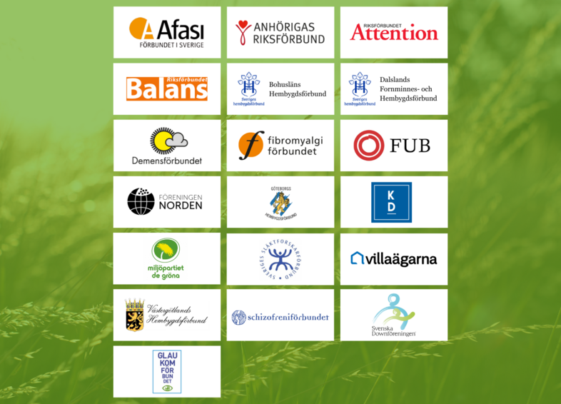 Bild med logotyper från olika svenska organisationer och förbund mot grön bakgrund.