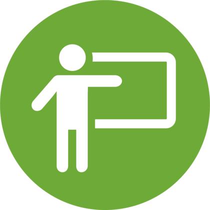 En ikon av en person som pekar på en tavla, vit figur på grön cirkelbakgrund.