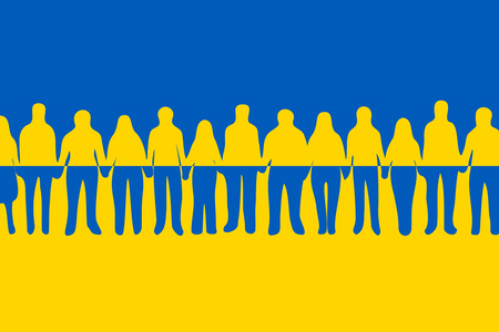 Silhuetter av människor som håller varandra i händerna mot en bakgrund i blått och gult, liknande Ukrainas flagga.
