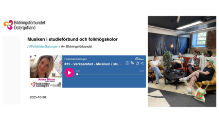Fyra personer sitter i en poddstudio och diskuterar musik i studieförbund och folkhögskolor.