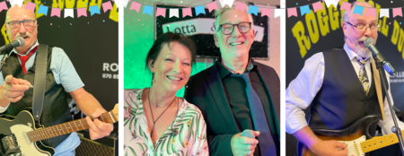 Tre bilder i en, med två män som spelar gitarr och sjunger samt en kvinna och en man som ler mot kameran. Färgglada vimplar upptill.
