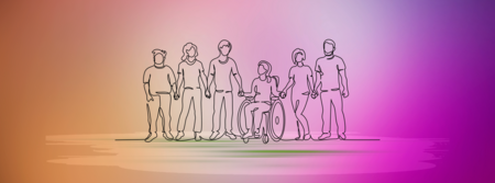 Illustration av en grupp människor ritade bara som streck mot en lilarosa bakgrund.