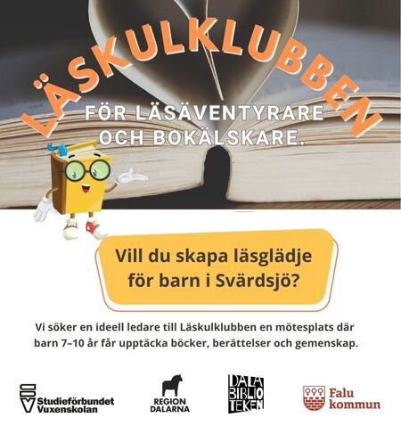 Affisch för Läskulklubben med en tecknad bokfigur, hjärta av boksidor och information om att bli ledare för barn i Svärdsjö.