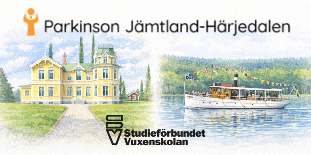 Akvarell av gul herrgård och ångbåt, med logotyper för Parkinson Jämtland-Härjedalen och Studieförbundet Vuxenskolan.